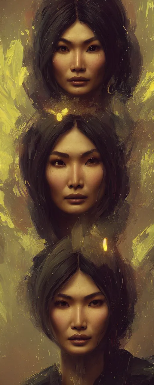 Prompt: portrait of gemma chan tavern bard, intricate face, sad expression, sweat, narrow dark streets with exotic dancers, vaporwave aesthetics, 8 k uhd, unreal engine, octane render in the artstyle of finnian macmanus, john park and greg rutkowski