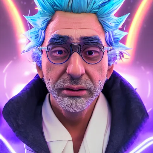 Prompt: portrait art of rick sanchez, lab coat, unibrow, 8 k ultra realistic, lens flare, atmosphere, glow, detailed, intricate, full of colour, cinematic lighting, trending on artstation, 4 k, hyperrealistic, focused, extreme details, unreal engine 5, cinematic, masterpiece