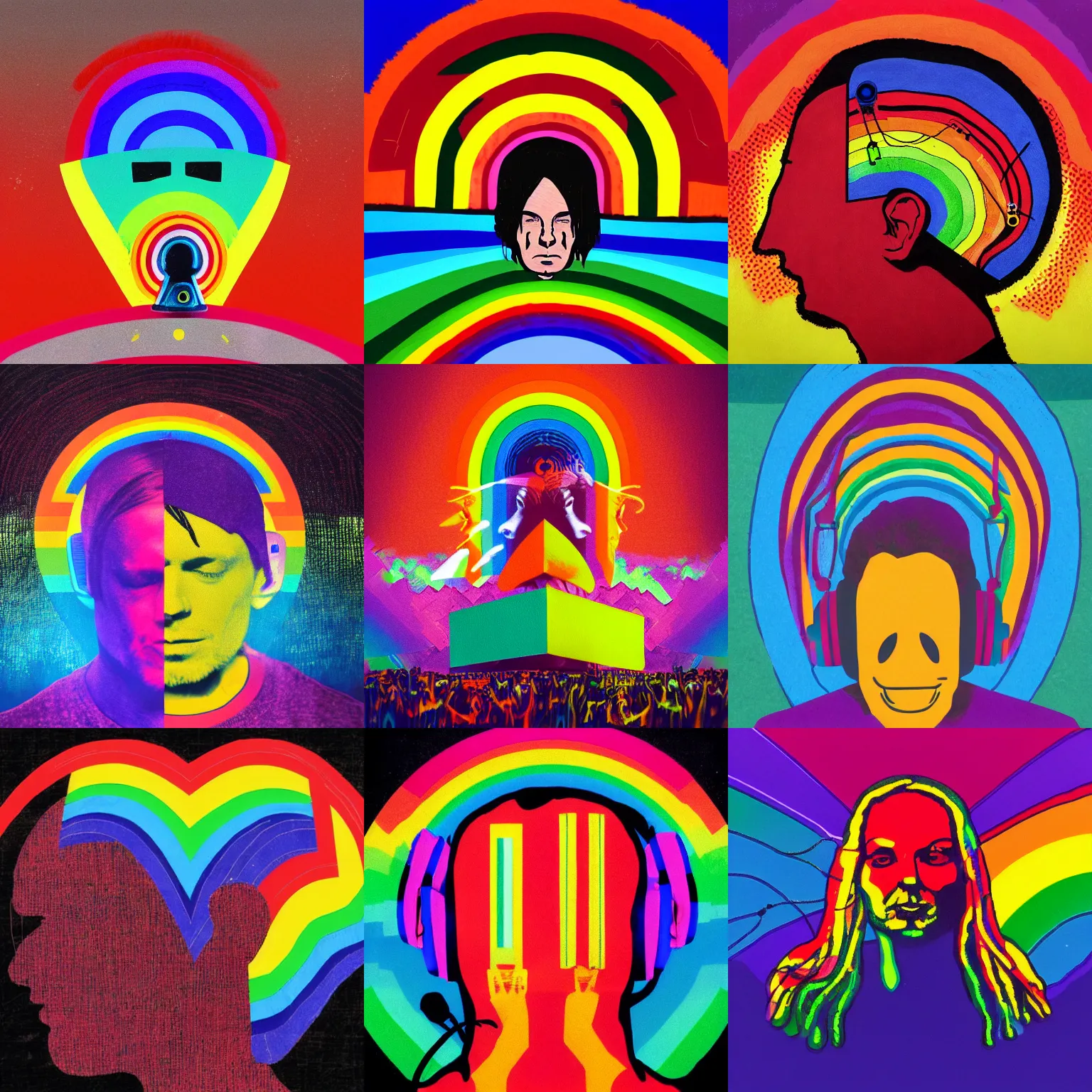 Prompt: a radio head listening to radiohead in rainbows on a rainbow