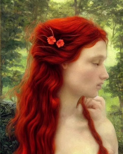 Image similar to a woman with long red hair and a flower in her hair, a photorealistic painting by Carla Wyzgala, pinterest, pre-raphaelitism, pre-raphaelite, enchanting, chiaroscuro