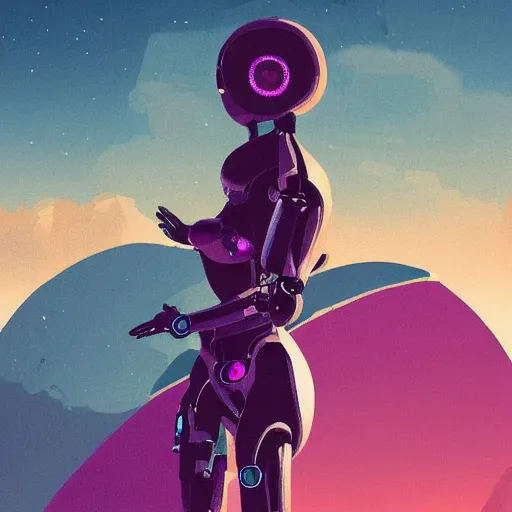 Image similar to Woman and her robot against the world. What does it mean to be alive. Beautiful landscape. Rough strokes and grainy. Interesting colour scheme. Detailed. Beautiful digital artwork by artist Lurid. (2022)