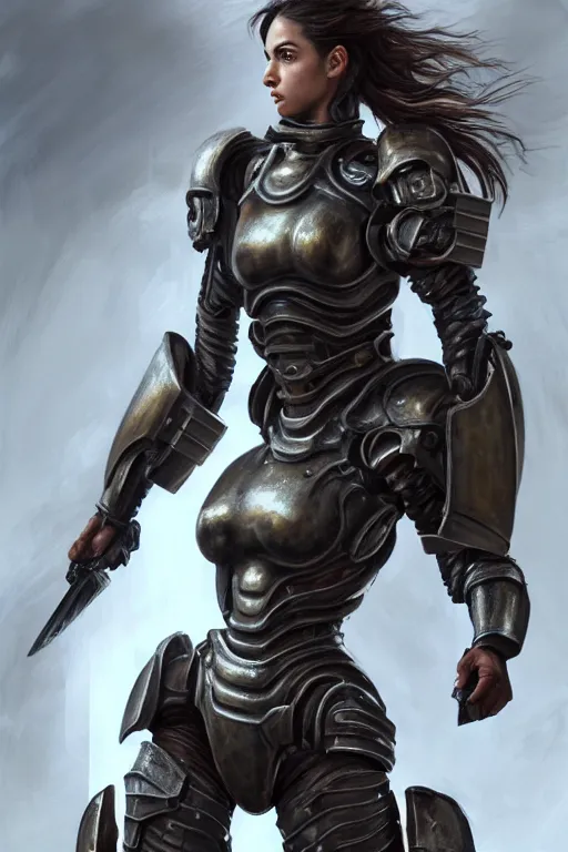 Image similar to a photorealistic painting of an attractive young girl, partially clothed in dirty metal-plated battle armor, dirty olive skin, long dark hair, beautiful bone structure, perfectly symmetrical face, perfect eyes, intricate, elegant, action pose, digital painting, concept art, illustration, sharp focus, minimal artifacts, volumetric lighting, from Metal Gear, in the style of Ruan Jia and Mandy Jurgens and Greg Rutkowski, trending on Artstation, award winning