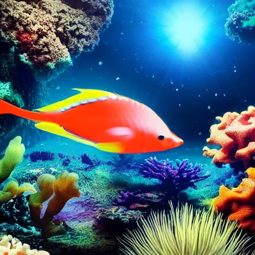 Image similar to photo of an extremely cute alien fish swimming an alien habitable underwater planet, coral reefs, dream - like atmosphere, water, plants, peaceful, serenity, calm ocean, tansparent water, reefs, fish, coral, inner peace, awareness, silence, nature, evolution
