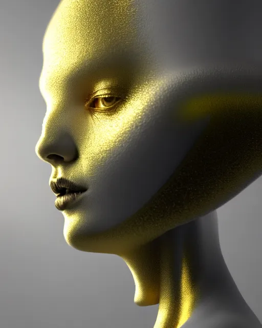 Image similar to white background, halo, dreamy foggy elegant soft luminous bw profile face 3 d render of a beautiful young golden biomechanical - female - cyborg with a delicate detailed gold mandelbrot fractal texture skin and a very long neck with white gothic pearl embroidered collar, white smoke atmosphere, rim light, hg giger, 8 k