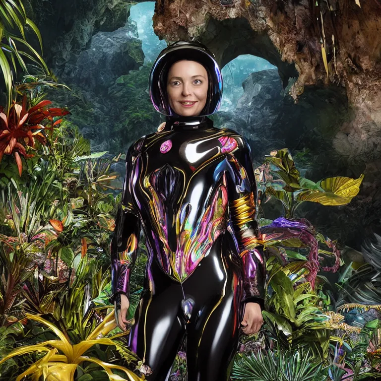 Image similar to octane render portrait by wayne barlow and carlo crivelli and glenn fabry, focus on a woman wearing a smooth shiny black latex spacesuit with intricate iridescent metal helmet, surrounded in colorful tropical alien flora in front of a giant rocky cave opening, cinema 4 d, ray traced lighting, very short depth of field, bokeh