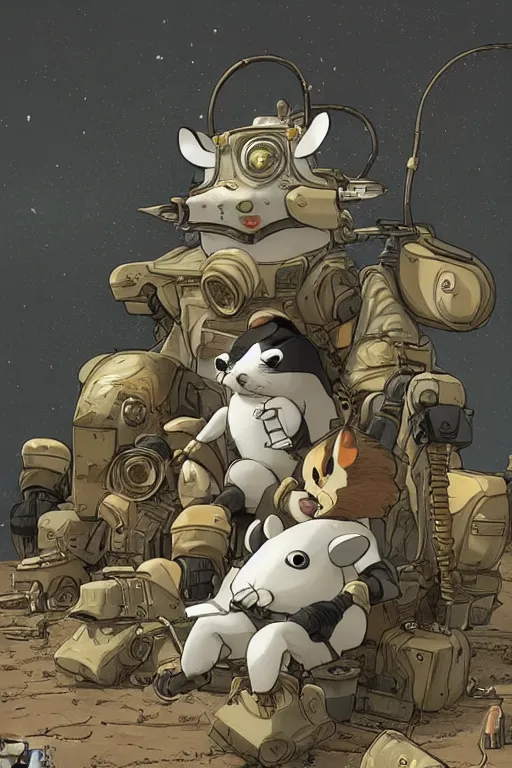 Prompt: anthropomorphic rodent with white and black ancestral ornate japanese tactical gear on an abandonment desert planet, long shot, rule of thirds, golden ratio, graphic novel by fiona staples and dustin nguyen, by beaststars and orange, peter elson, alan bean, studio ghibli, makoto shinkai