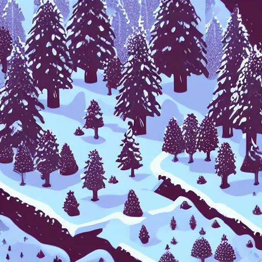 Prompt: isometric forest in winter, game art, fantastic
