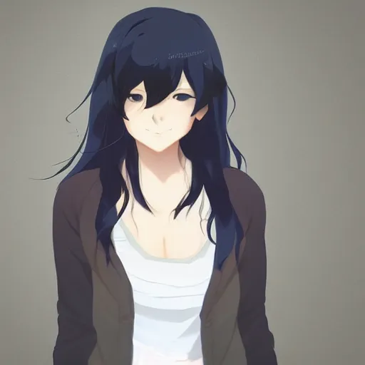 Prompt: a girl in her 2 0 s with wavy black hair by makoto shinkai, trending on pixiv