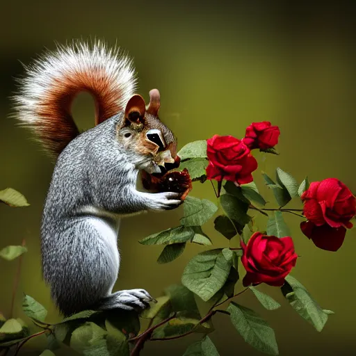 Image similar to Squirrel eating rose bush, realistic artstyle, wide shot, dramatic lighting, octane render, hyperrealistic, high quality, highly detailed, HD, beautiful, cinematic, 8k, unreal engine, facial accuracy, symmetrical