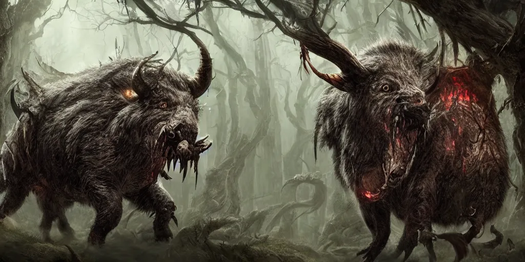 Prompt: scary monster wild boar god with bloody eyes and many tusks, in dark woods, dim colors, forest, highly detailed illustration, masterpiece, fantasy, magical, hyperdetailed, realistic, witch fairytale, 4 k, 8 k, highly detailed matte painting, dungeons and dragons