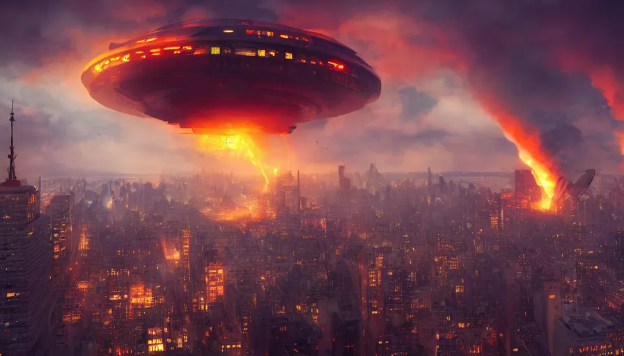 Image similar to humongous ufo upon destroyed new - york city, sky on fire, demolition, hyperdetailed, artstation, cgsociety, 8 k