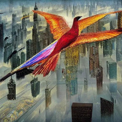 Prompt: iridescent colorful digital birds fly over a progressively rasterized city into virtuality, oil on canvas by dave mckean and ivan shishkin