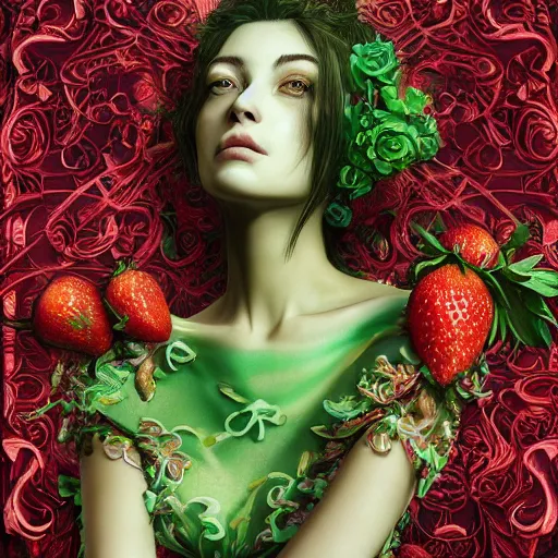 Image similar to the portrait of an absurdly beautiful, graceful, elegant, sophisticated, fashionable young woman made of strawberries and green petals looking up, an ultrafine hyperdetailed illustration by kim jung gi, irakli nadar, intricate linework, bright colors, octopath traveler, final fantasy, unreal engine 5 highly rendered, global illumination, radiant light, detailed and intricate environment