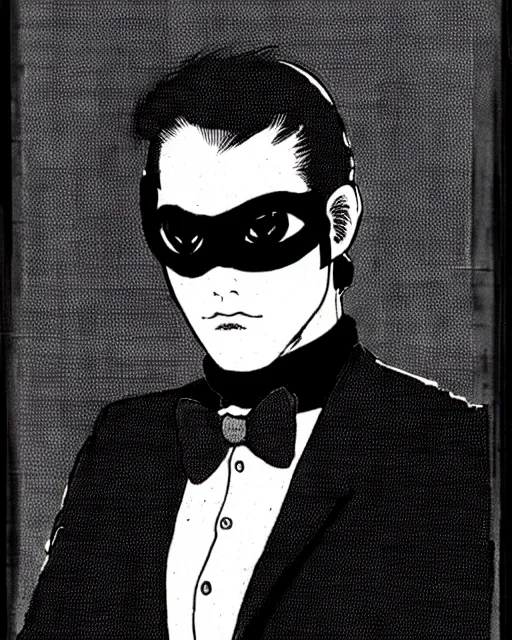 Prompt: portrait of young man wearing black medical mask, suit and tie, style of guido crepax