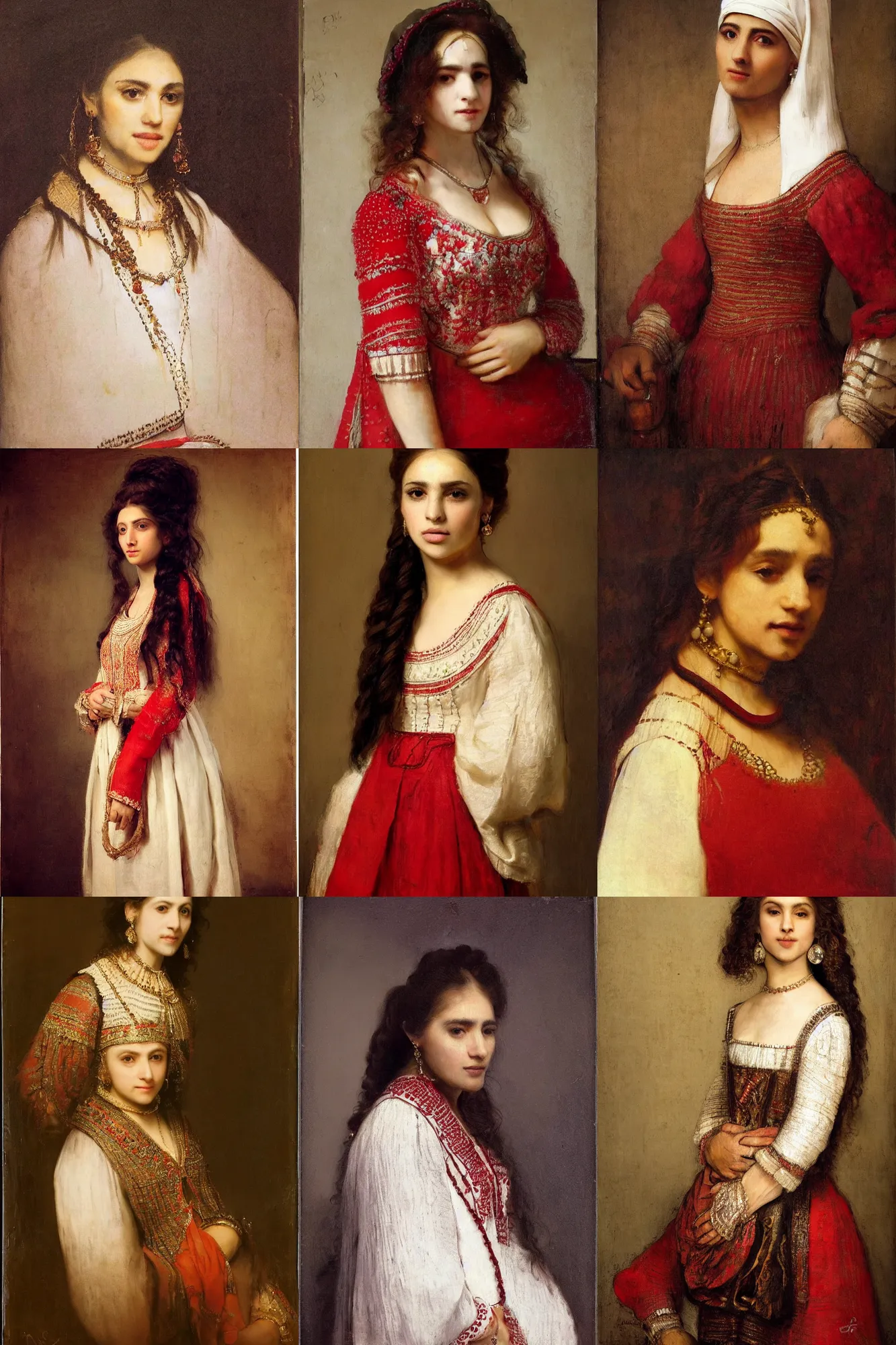 Prompt: beautiful iranian woman, light makeup, long hair in a braid. portrait by rembrandt. white and red silk dress.