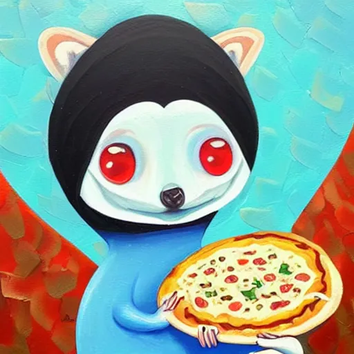 Image similar to an adorable and cute jeremiah ketner acrylic impasto! painting! of a crying, sad raccoon eating pizza