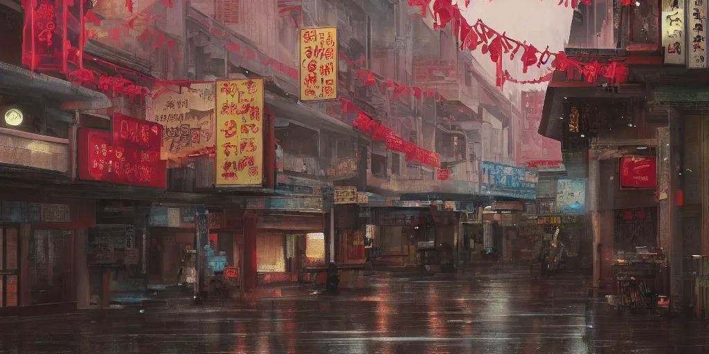 Image similar to an old cinema at a quiet petaling street in chinatown, kuala lumpur, rainy day, matte painting, studio ghibli, artstation