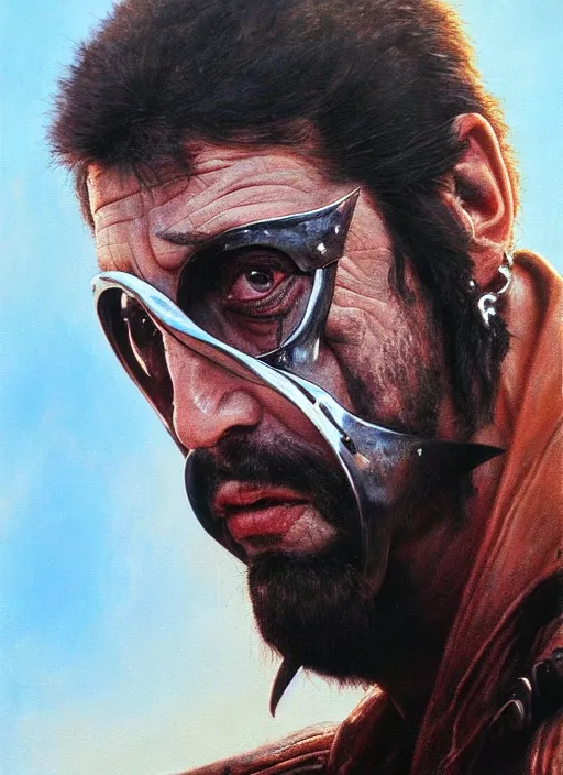 Prompt: portrait of young 1 9 7 0 s al pacino as warlord villain character in mad max 2 : the road warrior, film still, detailed realism face in painting, detailed beautiful portrait, oil painting masterpiece, 8 k resolution, smooth, sharp focus, trending on artstation, by rembrandt