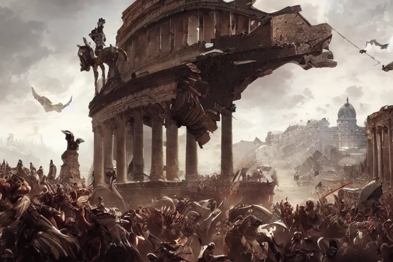 Image similar to the fall of Rome, Artstation, cgsociety, dramatic, stunning. Amazing artwork