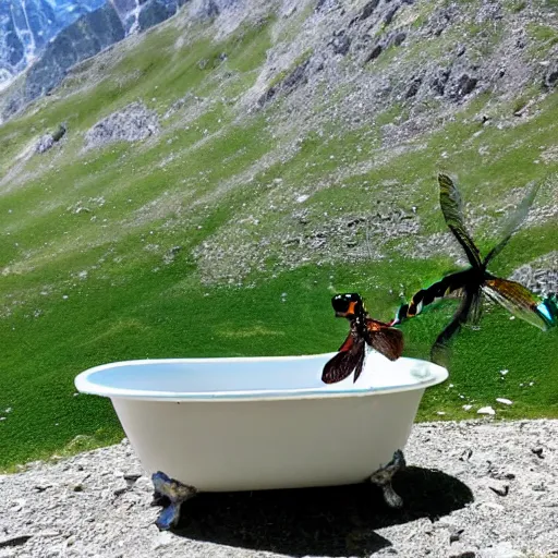 Prompt: dragonfly in a bathtub in the alps, goat!!!!!!!!!!!! herd!!! in background