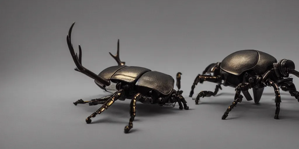 Prompt: mechanical beetle with antlers, neko, forest, cyberpunk, glass paint, overglaze, ornament, time - lapse, photojournalism, wide angle, perspective, dark, tones of black in background, ultra - hd, super - resolution, massive scale, perfectionism, soft lighting, ray tracing global illumination, translucidluminescence