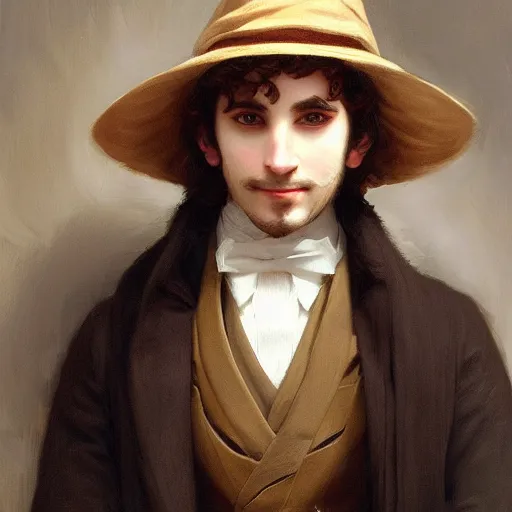 Image similar to detailed portrait painting of gentleman elf wearing brown tuxedo by William-Adolphe Bouguereau, fantasy, artstation, deviantart, dungeons & Dragons, RPG