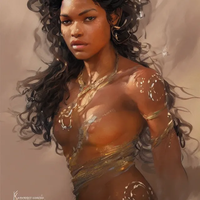 Image similar to a brown skinned woman as a waterbender, brown curly hair, portrait, elegant, intricate, digital painting, artstation, concept art, smooth, sharp focus, illustration, art by konstantin korovin and daniel f. gerhartz and john howe