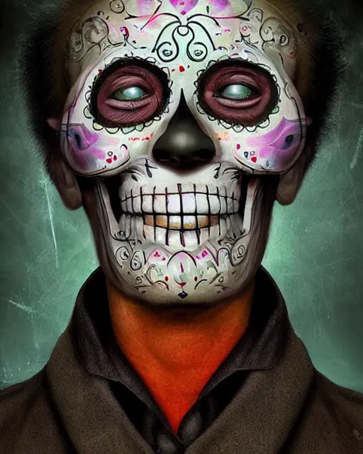 Prompt: dia de los muertos hombre theme surrealist art in the styles of igor morski, jim warren, and a tim burton film, intricate, hyperrealistic, accurate facial details, profile picture with chromakey!!!!! background, volumetric lighting