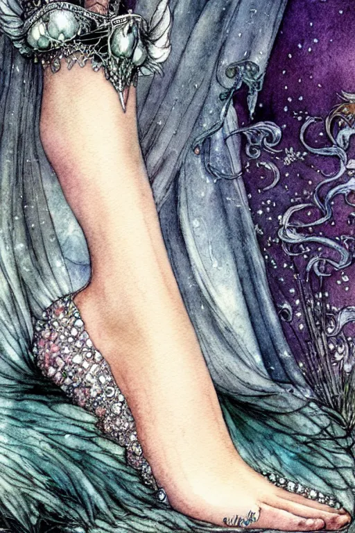 Image similar to closeup foot shot of cinderella crystal slipper, fantasy art, trending on artstation, sleeping beauty fairytale, art by luis royo and walter crane and kay nielsen, watercolor illustration,