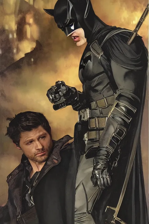 Image similar to a detailed matte portrait of jensen ackles dressed as batman and misha collins dressed as robin, masterpiece, 8 k, art by alphonse mucha and greg rutkowski