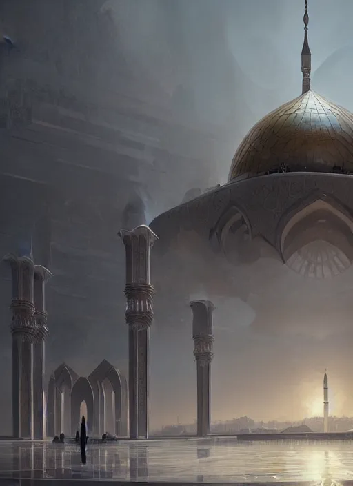 Prompt: epic futuristic mosque. highly detailed, digital painting, concept art, smooth, sharp focus, illustration, art by greg rutkowski