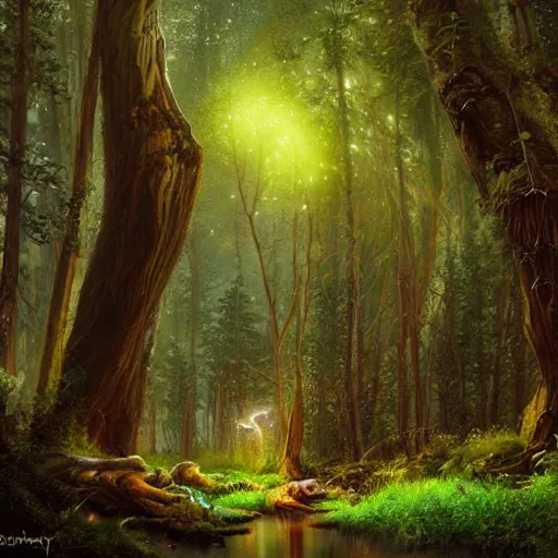 Image similar to a beatifull forest with mystical creatures and bioluminescent plants,james gurney,Trending on artstation