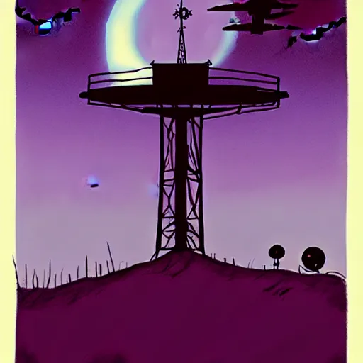 Image similar to abigail larson, don bluth, purple color pallete, welcome to night vale, radio tower with black hole above it, helicopter, spooky strange weird quirky, cartoon, 2 d, chiral lighting