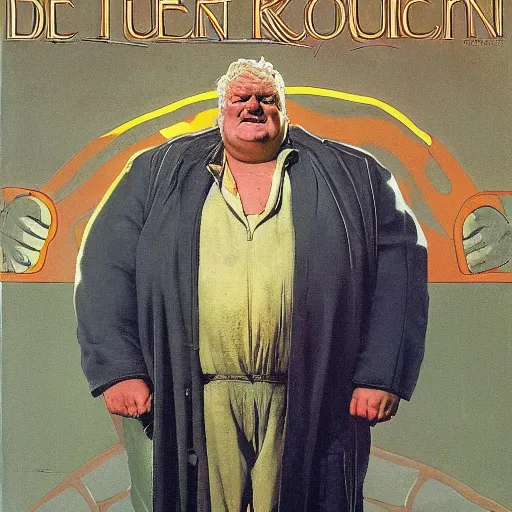 Image similar to full body portrait of actor Kenneth McMillan as baron harkonnen levitating high in the air in dystopian scifi palace, painted by norman rockwell and tom lovell and frank schoonover, dune 1982 movie