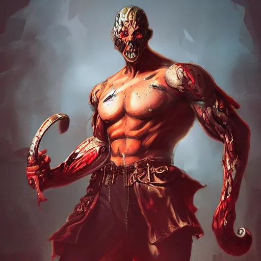 Image similar to mutant man with sword, fantasy boss, dramatic illustration, muscular character, a lot of blood, huge horns, digital art, artstation