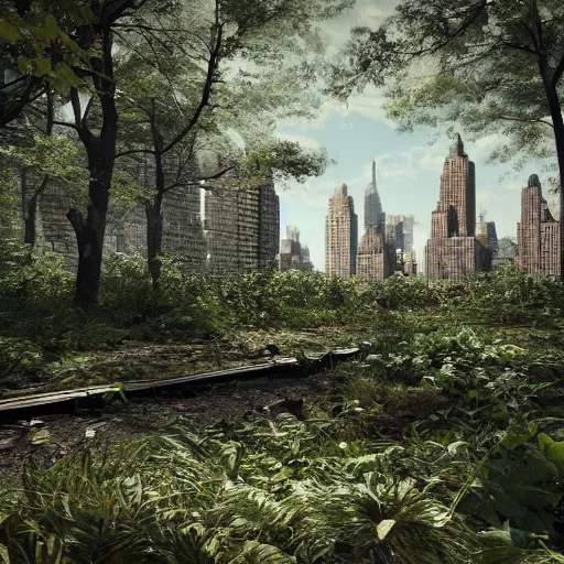 Prompt: New York City Abandoned and Overgrown, ultra realistic, 8k, intense, vivid