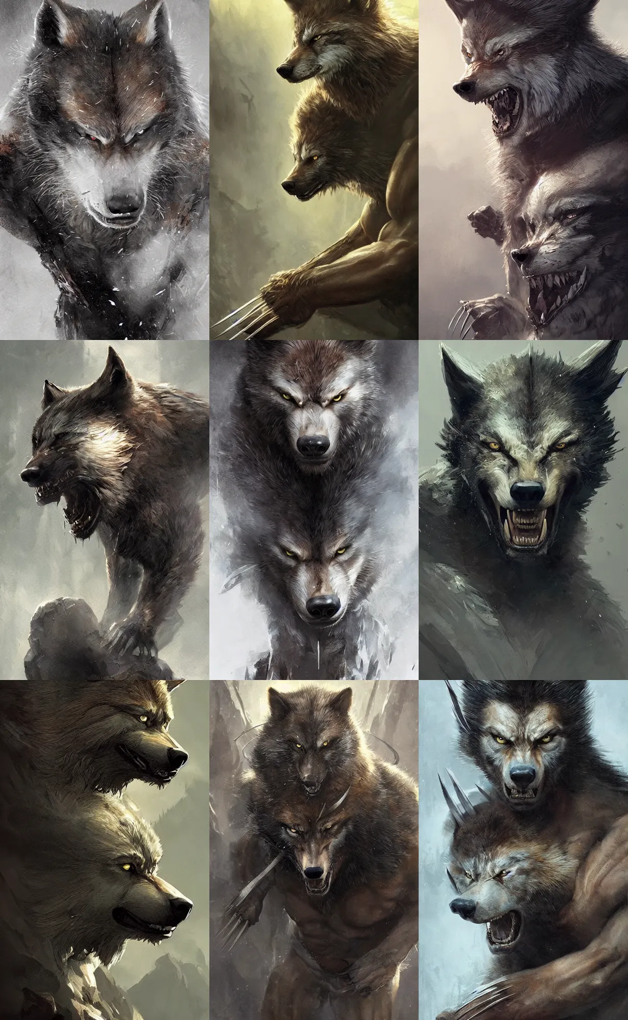 Prompt: wolverine as a wolf, concept art, detailed face, fantasy, highly detailed, cinematic lighting, digital art painting by greg rutkowski