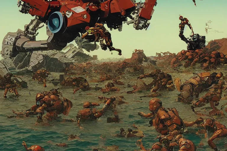 Image similar to full page illustration, cool surfing robots, by Katsuhiro Otomo, Geof Darrow, Phil hale, Ashley wood, Ilya repin, frank frazetta, 8k, hd, high resolution print