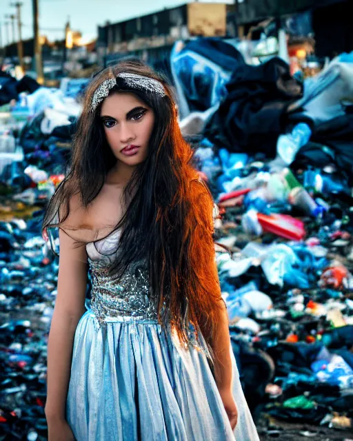 Image similar to a beautiful photo of a Young female with long hair and reflective eyes, Queen of trash wearing a gown made black and blue plastic trash bags and plastic bottles , surrounded by trash all around and in the background, top cinematic lighting , cinematic mood, very detailed, shot in canon 50mm f/1.2