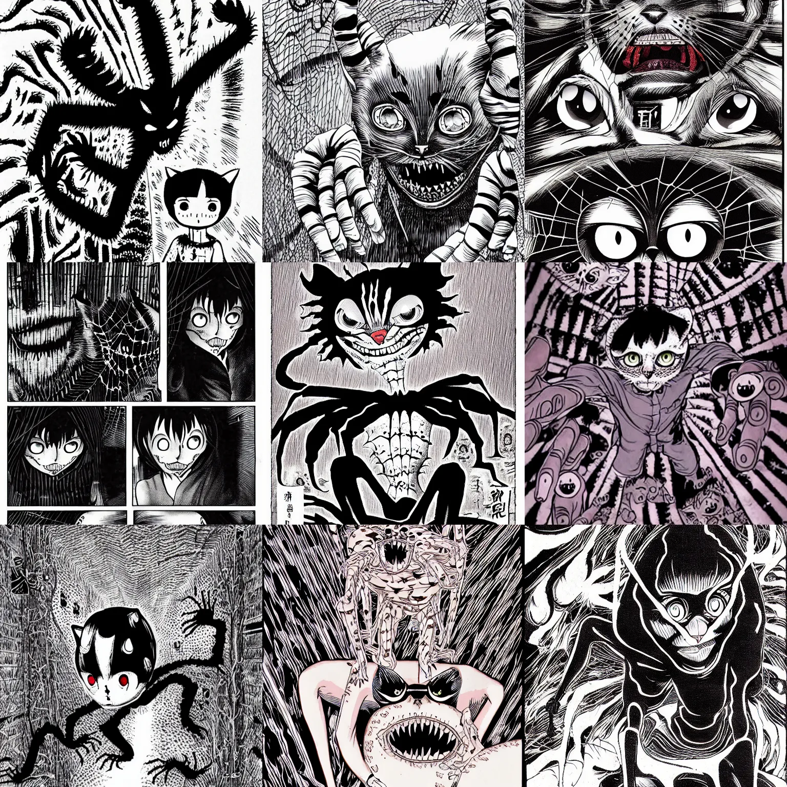 Prompt: creepy cat spider horror manga by junji ito, 8 k
