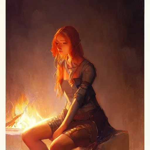 Image similar to girl wearing fantasy armor sitting near a fireplace, official art, by charlie bowater, by jeremy lipking, fantasy art, anime inspired, detailed attractive girl, expressive oil painting