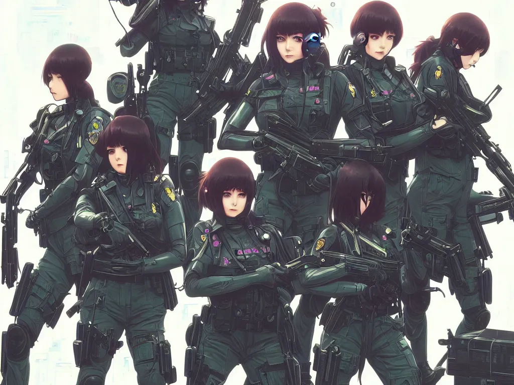 Image similar to anime key visual of a team of multiple female swat officer ready to attack, neon, cyberpunk, futuristic, stunning, highly detailed, digital painting, smooth, soft focus, illustration, movie poster, japanese typography, digital art from artstation by artgerm and greg rutkowski and alphonse mucha