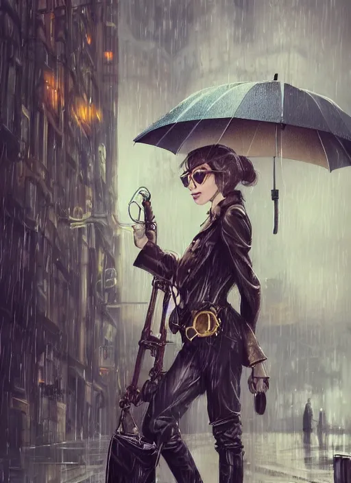 Image similar to girl, steampunk, goggles, pilot, standing in the rain with an umbrella, wet, raindrops, reflections, detailed city background, portait, made by stanley artgerm lau, wlop, rossdraws, james jean, andrei riabovitchev, marc simonetti, yoshitaka amano, artstation