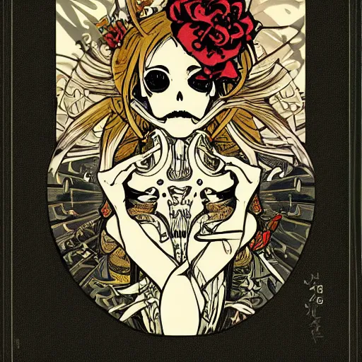 Image similar to anime manga skull portrait woman skeleton illustration style by Alphonse Mucha pop art nouveau