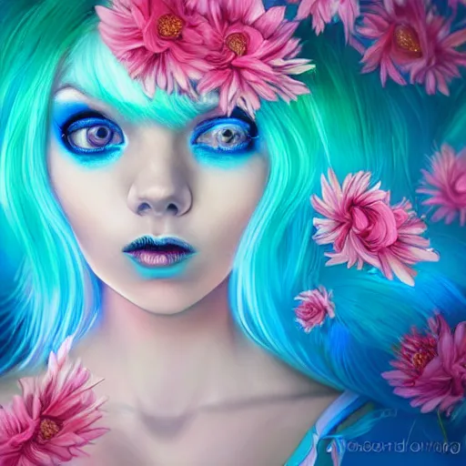 Image similar to an intelligent young women with blue hair lookingat the camera, she has a beautiful unconventional face, she is surrounded by an explosion of flowers in neon pink and blue intricate, elegant, highly detailed, digital painting, artstation, concept art, pop, smooth, sharp focus, illustration, art by mark ryden and gaston bussiere 3 d 8 k ultra detailed