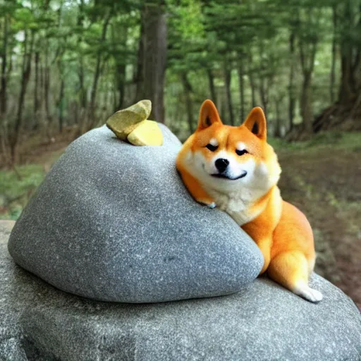 Image similar to Studio Ghibli shiba makes friends with a rock