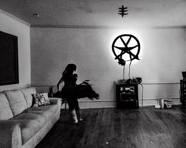 Prompt: transparent horror demon evil spirit attacks in living room with summoning circle pentacle out interior photos shot on iphone, dynamic pose, full body shot, sharp focus, grainy, corpse, paranormal flashlight, deep night,,