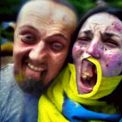 Prompt: the last selfie taken in ukraine after the nuclear war, the ukrainian in yellow and blue rags screaming and crying in pain, terrible terrible mutations and injuries, with a nuclear explosion next to it destroying everything in a second