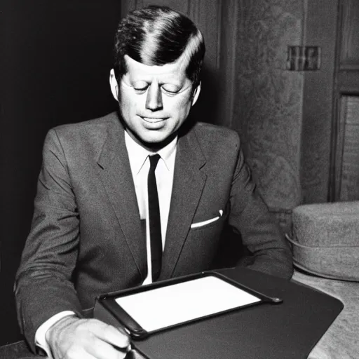 Image similar to 1 9 7 0 s vintage photograph of john f kennedy using an ipad, very detailed, very intricate,