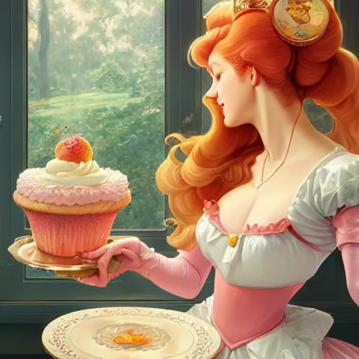 Image similar to princess peach baking a cake while that one weird computer mainframe watches her, art by artgerm and greg rutkowski and alphonse mucha